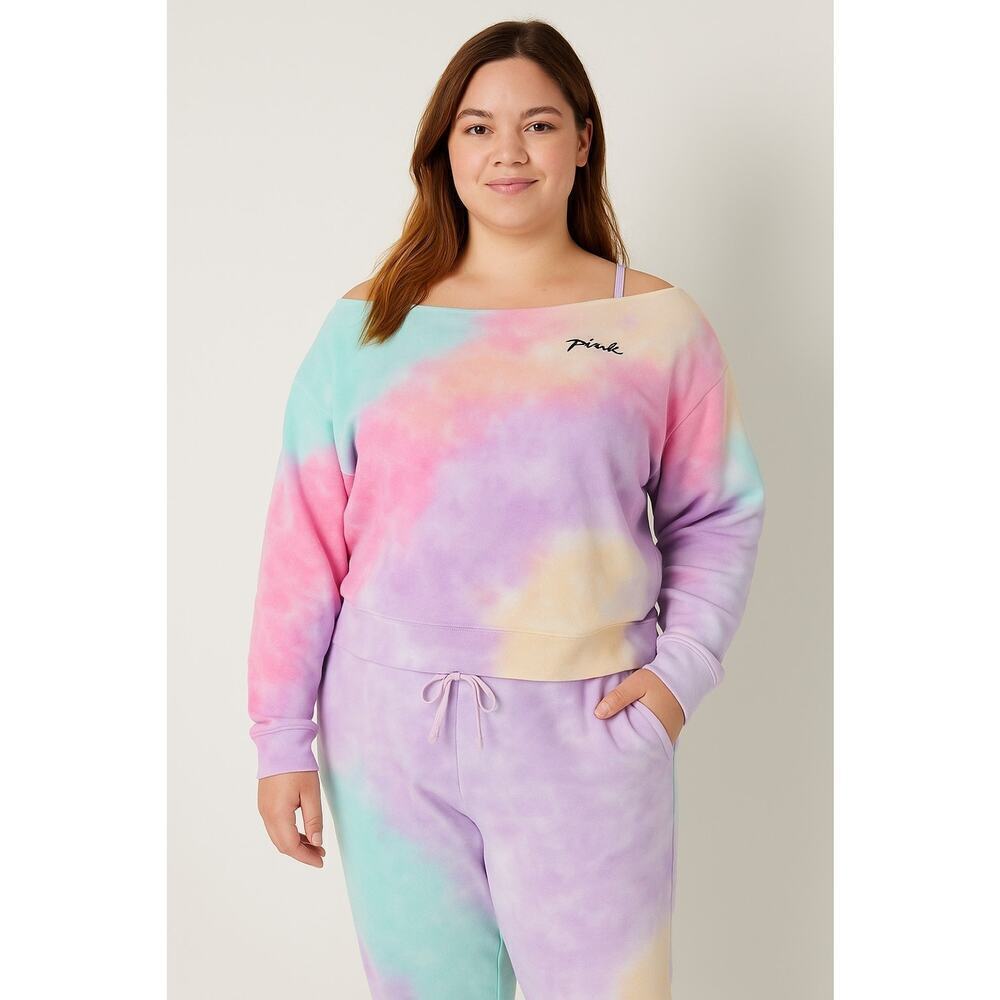 Victorias Secret PINK Sweatshirt XL Off Shoulder Tie Dye Pastel Rainbow Pullover